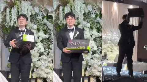 Homem emocionado ao receber RTX 5090 como presente de casamento, com preço acima de R$ 50 mil